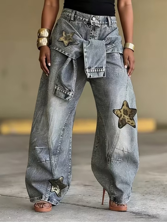 Pants - Women' High Waist Wide Leg Jeans - Vintage Y2K Retro Wide Pants with Fake 2pcs